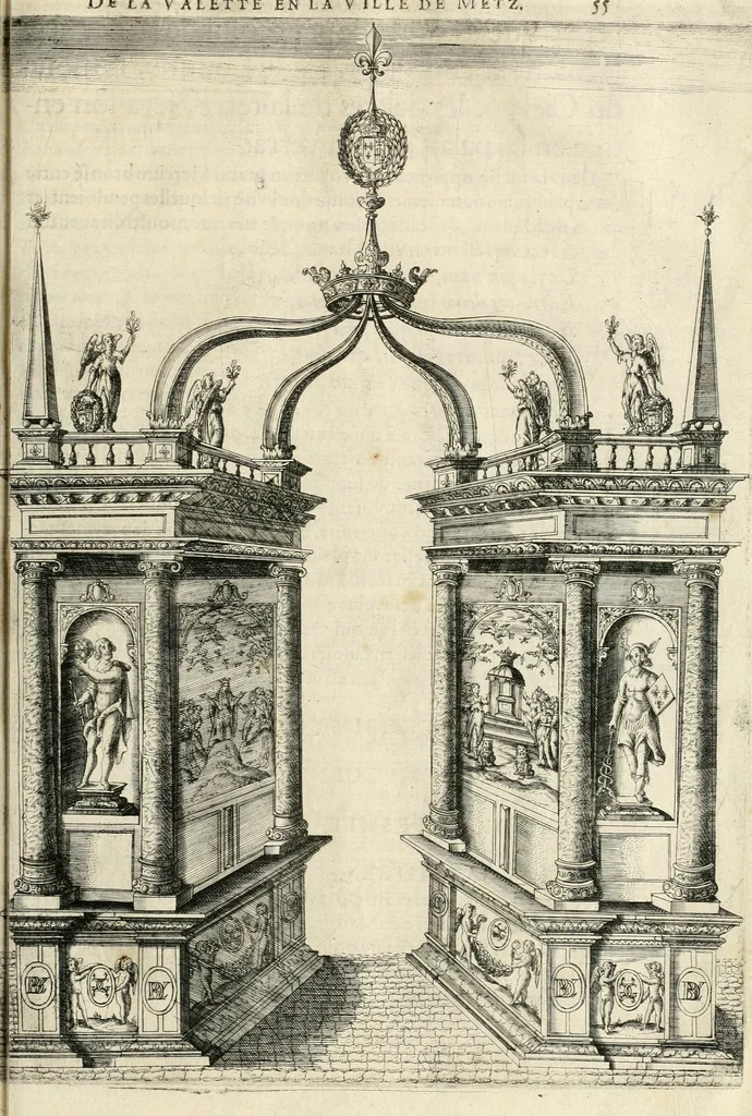 An illustration from Combat d'honneur concerte par les IIII. elemens sur l'heureuse entrée de Madame la duchesse de La Valette en la ville de Metz : ensemble la resiouyssance publicq. concertee par les habitans de la ville, et du pays sur le mesme sujet, 1627, leaf 80