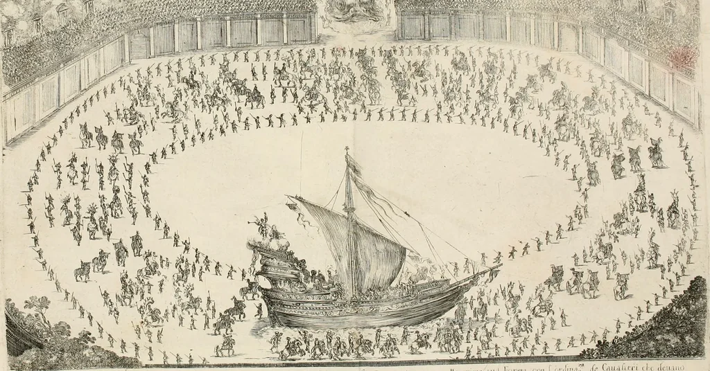 An illustration from Combattimento e balletto a cavallo : rappresentato di notte in Fiorenza à serenissimi arcidvchi, & arcidvchessa d'Avstria Ferdinando Carlo, Anna di Toscana, e Sigismondo Frances[co] : nel teatro contiguo al palazzo del serenissimo gran dvca, 1652, leaf 3
