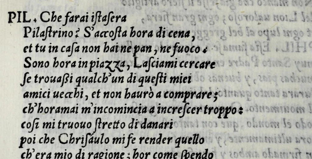 An illustration from Comedia di Agostino Ricchi da Lvcca, intittolata I tre tiranni : recitata in Bologna a N. Signore et a Cesare, il giorno de la commemoratione de la corona di Sua Maestà, 1533, leaf 128
