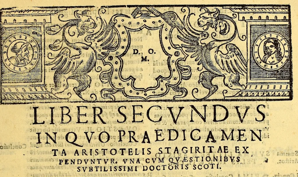 An illustration from Comentarii ac quaestiones in vniuersam Aristotelis ac subtilissimi doctoris Ihoannis Duns Scoti logicam. : Totum hoc opus in duas partes distributum offertur: prima continet breue quoddam Logicae compendium quod vulgo solet Summa seu Summulae Dialecticae nuncupati quaestiones prolegomenales, praedicabilia Porphirij, & Aristotelis Antipraedicamenta, Praedicamenta & post praedicamebta [sic]. : Secunda pars libros Perihermeniarum seu de interpretatione, libros priorum, posteriorum, Topicorum & Elenchorum comprehendit. Auctore R.P.F. Hyeronimo Valera Peruano Ordinis Minorum Regularis obseruantiae, Pruouinciae duodecim Apostolorum, sacre theologiae lectore iubilato & in celeberrimo Limensi Conuentis S. Francisci Guardiano, 1610, leaf 255