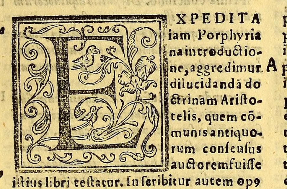 An illustration from Comentarii ac quaestiones in vniuersam Aristotelis ac subtilissimi doctoris Ihoannis Duns Scoti logicam. : Totum hoc opus in duas partes distributum offertur: prima continet breue quoddam Logicae compendium quod vulgo solet Summa seu Summulae Dialecticae nuncupati quaestiones prolegomenales, praedicabilia Porphirij, & Aristotelis Antipraedicamenta, Praedicamenta & post praedicamebta [sic]. : Secunda pars libros Perihermeniarum seu de interpretatione, libros priorum, posteriorum, Topicorum & Elenchorum comprehendit. Auctore R.P.F. Hyeronimo Valera Peruano Ordinis Minorum Regularis obseruantiae, Pruouinciae duodecim Apostolorum, sacre theologiae lectore iubilato & in celeberrimo Limensi Conuentis S. Francisci Guardiano, 1610, leaf 255
