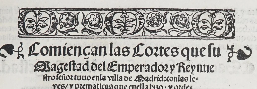 An illustration from Comiençan las cortes que Su Magestad del emperador y rey nuestro señor tuuo en la villa de Madrid: : con las leyes, y prematicas que en ella hizo, y ordeno. Juntamente con la prematica de las mulas, hecha en la ciudad de Toledo: y la declaracion despues hecha en las cortes de Madrid el año passado de mil y quinientos y treynta y quatro., 1535, leaf 7