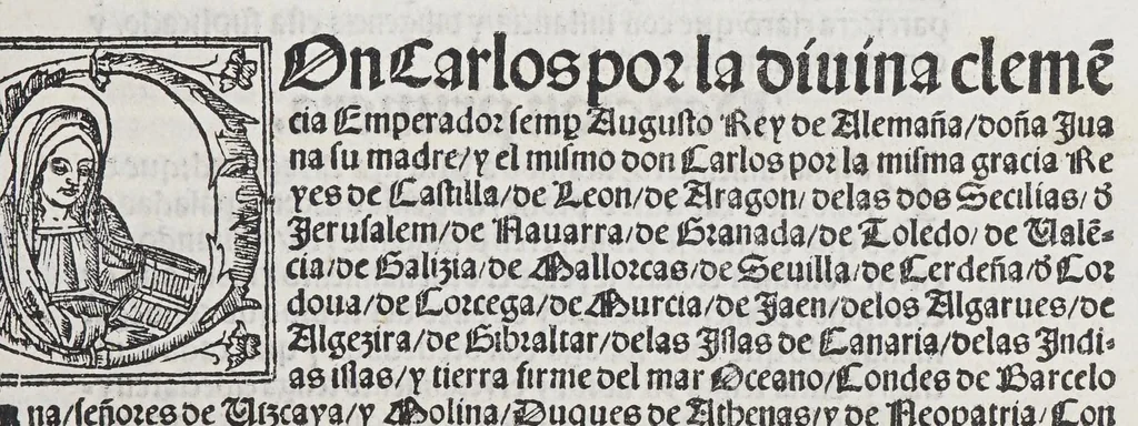An illustration from Comiençan las cortes que Su Magestad del emperador y rey nuestro señor tuuo en la villa de Madrid: : con las leyes, y prematicas que en ella hizo, y ordeno. Juntamente con la prematica de las mulas, hecha en la ciudad de Toledo: y la declaracion despues hecha en las cortes de Madrid el año passado de mil y quinientos y treynta y quatro., 1535, leaf 7