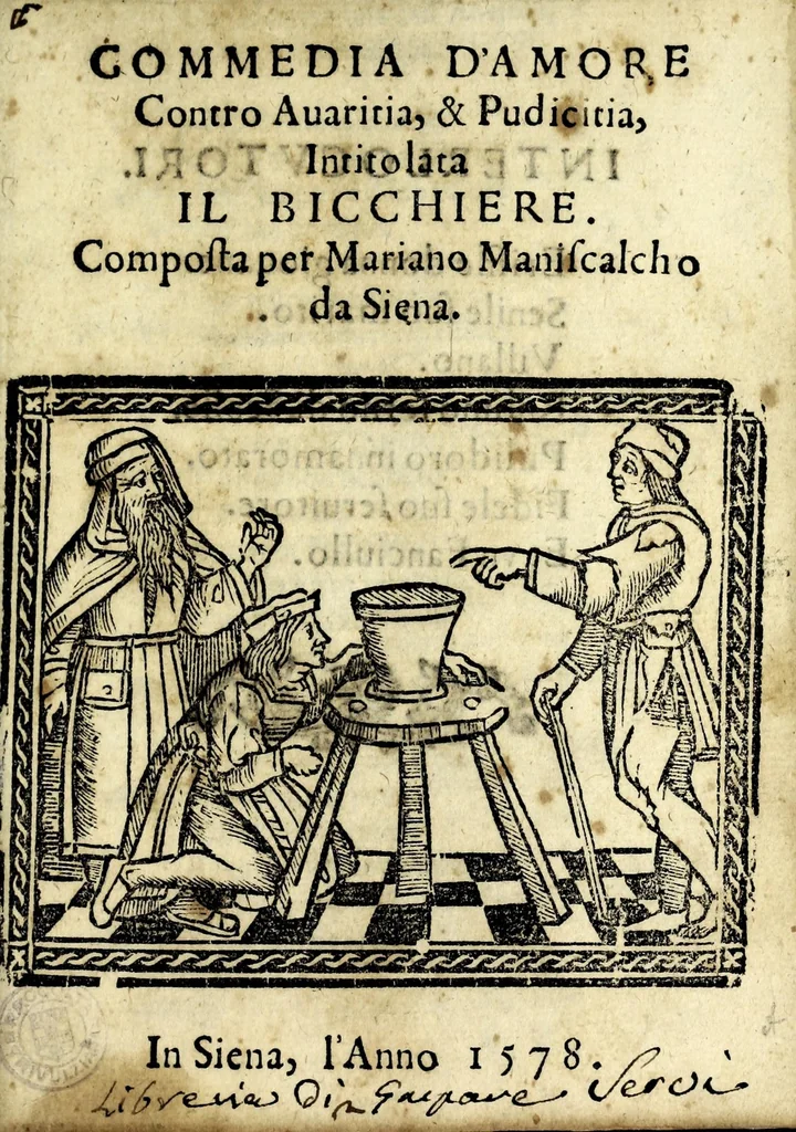 An illustration from Commedia d'amore contro auaritia, & pudicitia, intitolata Il bicchiere, 1578, leaf 7