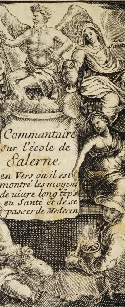 An illustration from Commentaire sur l'Ecole de Salerne : contenant les moyens de se passer de medecin & de vivre long-temps en santé, avec une infinité de remedes contre toutes sortes de maladies, & un traité des humeurs, & de la saignée, où sont adjoûtez la sanguification, circulation et transfusion du sang, la poudre & l'onguent de simpathie, le thé, le caphé, le chocolate, l'ouromantie, scatomantie et hydromantie ec., 1672, leaf 5