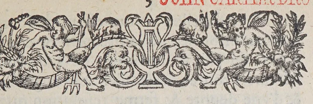 An illustration from Commissions du roy et de monseigneur l'admiral, au sieur de Monts, pour l'habitation és terres de Lacadie Canada, & autres endroits en la Nouuelle France. Ensemble les defenses premieres & secondes à tous autres, de trafiquer auec les sauuages desdites terres. Auec la verification en la cour de Parlement à Paris, 1605, leaf 9