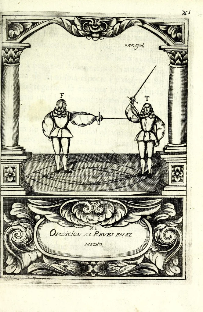 An illustration from Compendio de los fundamentos de la verdadera destreza y filosofia de las armas, 1675, leaf 143