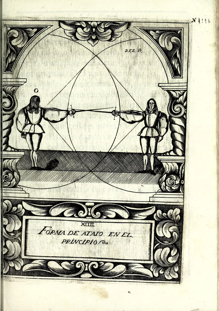 An illustration from Compendio de los fundamentos de la verdadera destreza y filosofia de las armas, 1675, leaf 183