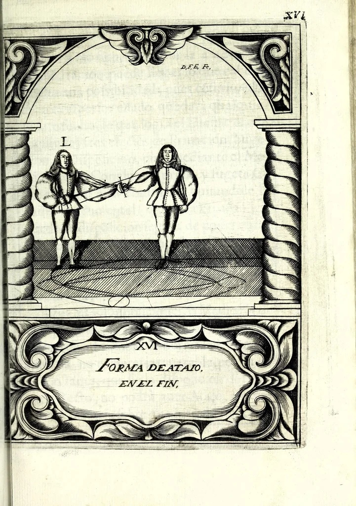 An illustration from Compendio de los fundamentos de la verdadera destreza y filosofia de las armas, 1675, leaf 193
