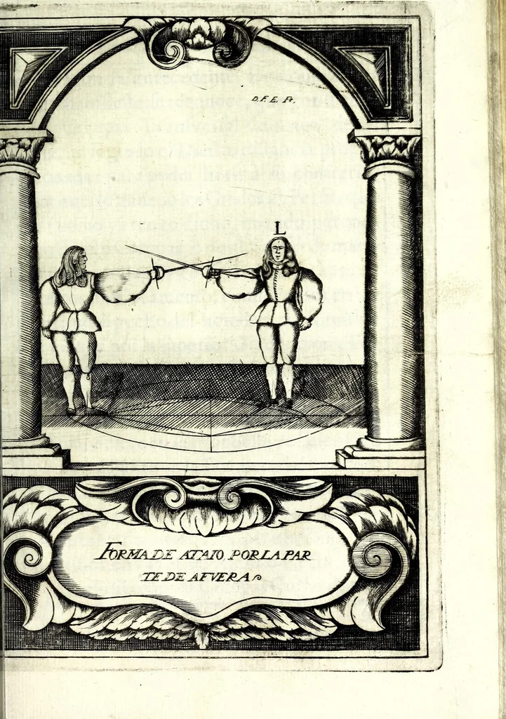 An illustration from Compendio de los fundamentos de la verdadera destreza y filosofia de las armas, 1675, leaf 223
