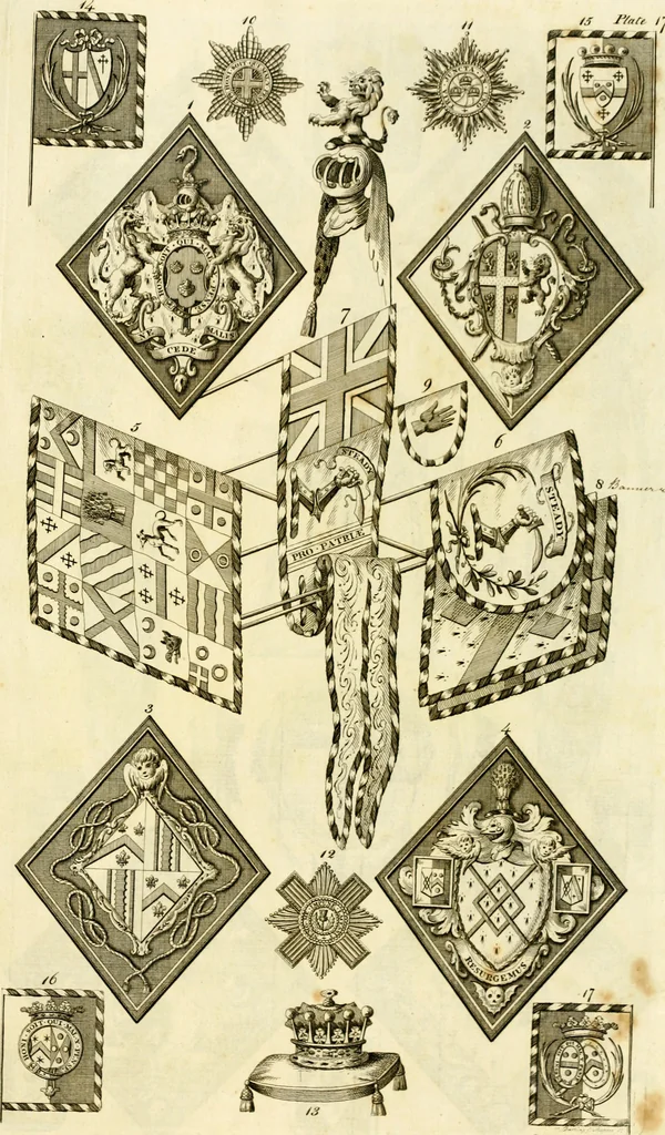 An illustration from A complete body of heraldry : containing, an historical enquiry into the origin of armories, and the rise and progress of heraldry, considered as a science ..., 1780, leaf 504