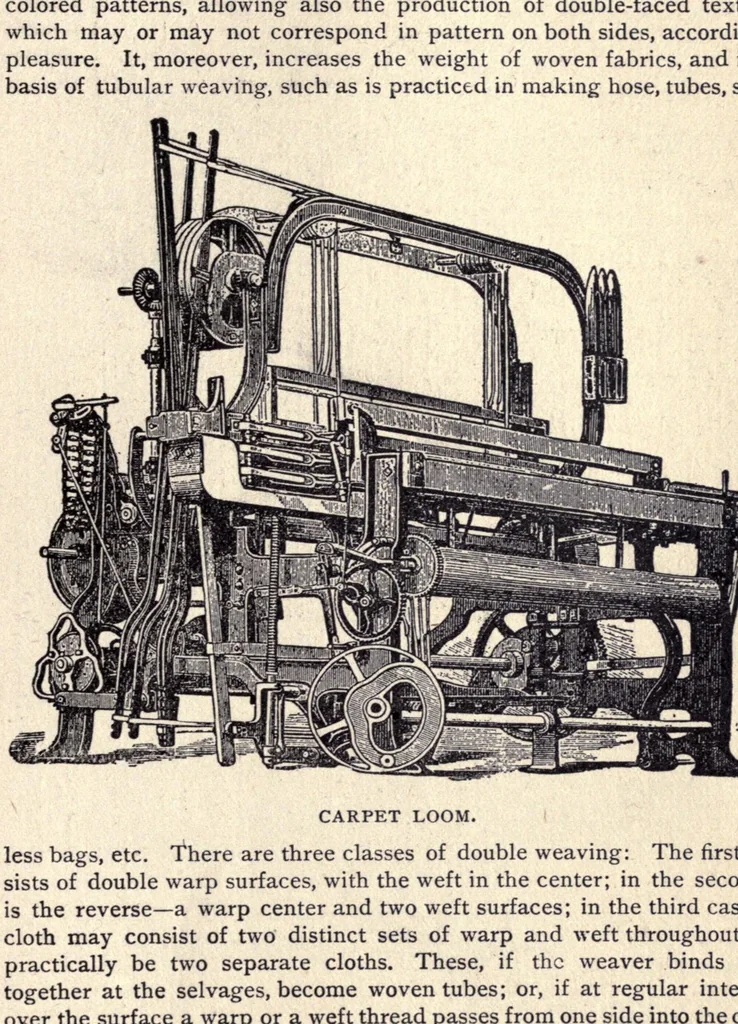 An illustration from A complete dictionary of dry goods and history of silk, cotton, linen, wool and other fibrous substances, including a full explanation of the modern processes of spinning, dyeing and weaving, with an appendix containing a treatise on window trimming, German words and phrases, with their English pronunciation and signification, together with various useful tables, 1892, leaf 381