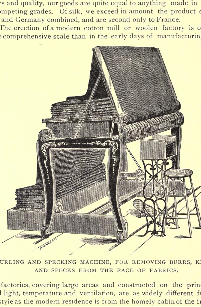 An illustration from A complete dictionary of dry goods and history of silk, cotton, linen, wool and other fibrous substances, including a full explanation of the modern processes of spinning, dyeing and weaving, with an appendix containing a treatise on window trimming, German words and phrases, with their English pronunciation and signification, together with various useful tables, 1892, leaf 386