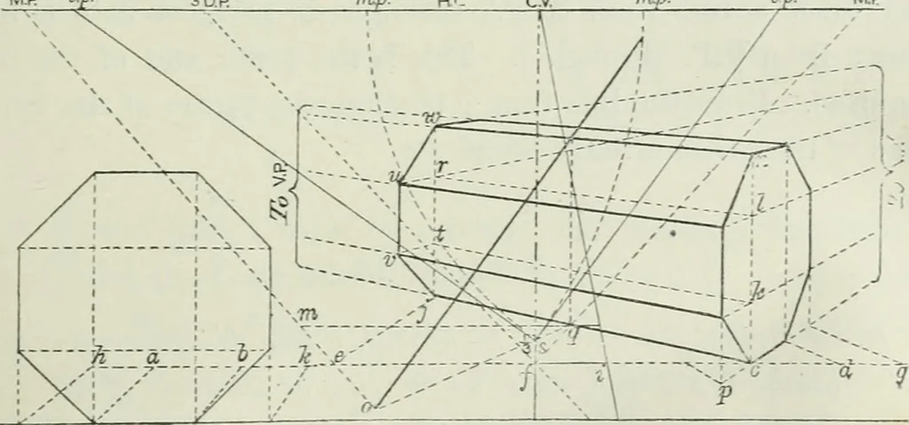 An illustration from Complete perspective course : comprising the elementary and advanced stages of perspective, the projection of shadows and reflections, with exercises in theory and practice, also the practical application of perspective, 1900, leaf 100