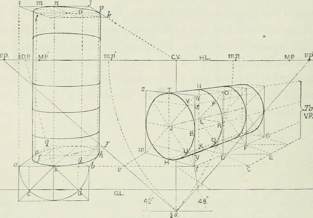 An illustration from Complete perspective course : comprising the elementary and advanced stages of perspective, the projection of shadows and reflections, with exercises in theory and practice, also the practical application of perspective, 1900, leaf 113
