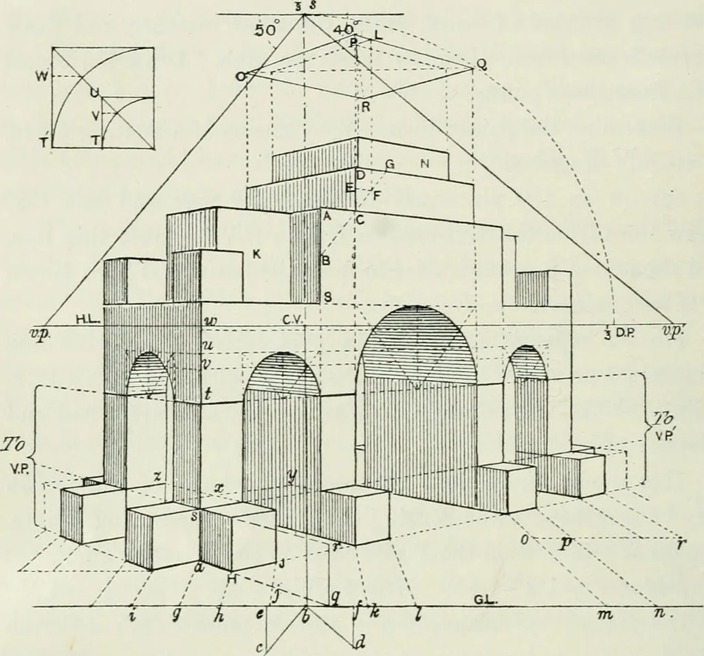 An illustration from Complete perspective course : comprising the elementary and advanced stages of perspective, the projection of shadows and reflections, with exercises in theory and practice, also the practical application of perspective, 1900, leaf 133