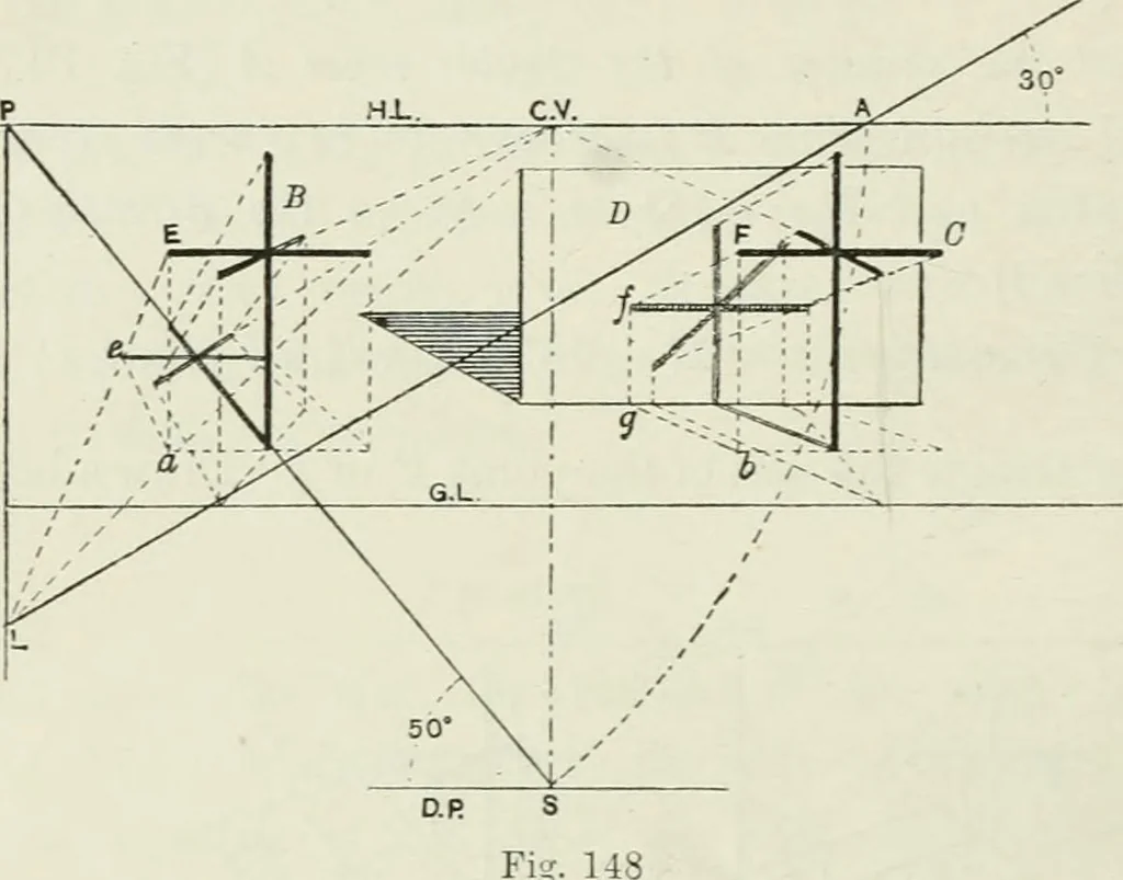 An illustration from Complete perspective course : comprising the elementary and advanced stages of perspective, the projection of shadows and reflections, with exercises in theory and practice, also the practical application of perspective, 1900, leaf 229