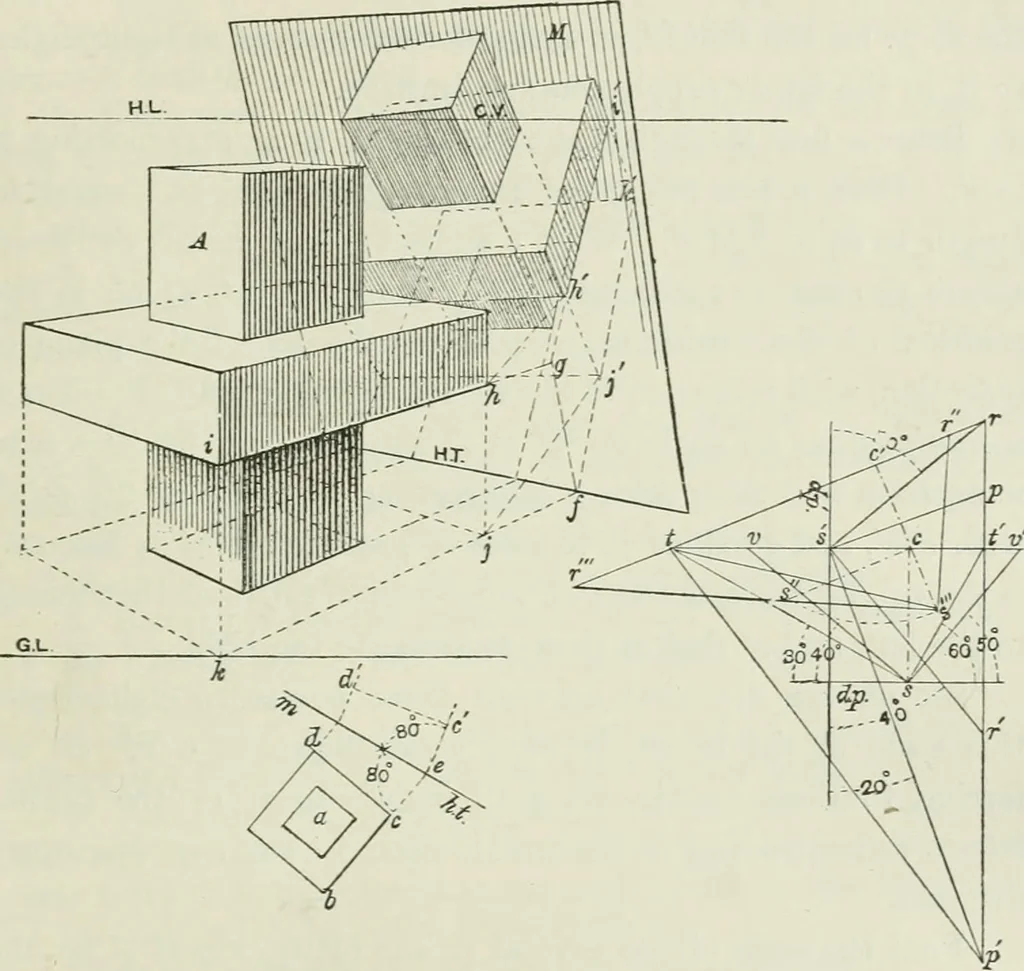 An illustration from Complete perspective course : comprising the elementary and advanced stages of perspective, the projection of shadows and reflections, with exercises in theory and practice, also the practical application of perspective, 1900, leaf 254
