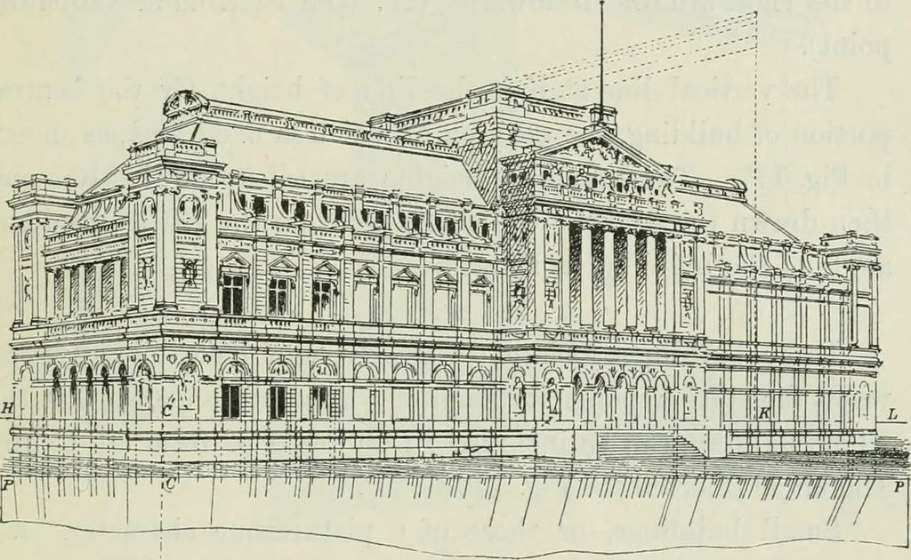 An illustration from Complete perspective course : comprising the elementary and advanced stages of perspective, the projection of shadows and reflections, with exercises in theory and practice, also the practical application of perspective, 1900, leaf 288