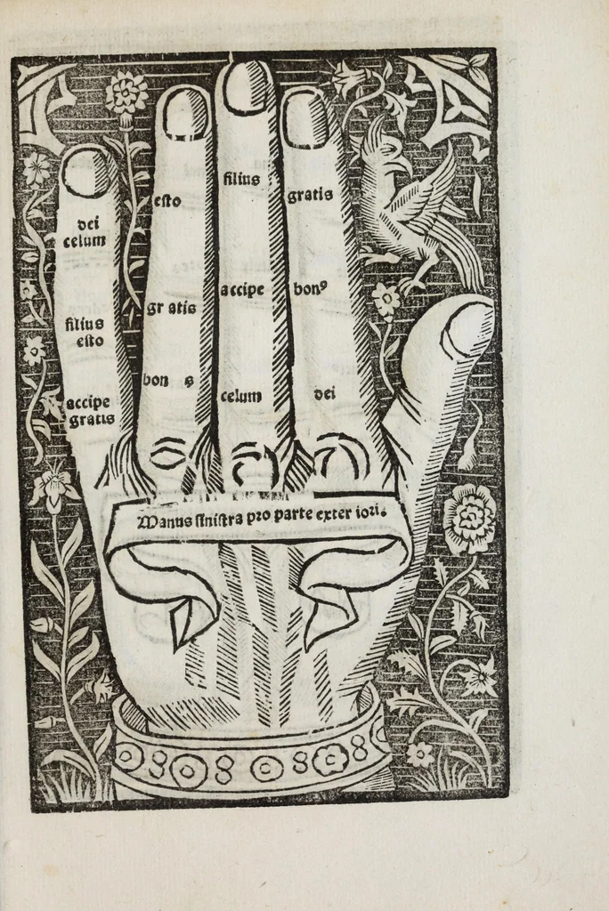 An illustration from Compot. magistri Aniani : familiari co[m]me[n]tario declaratus vna cum figuris [et] manibus suis in locis auspicato adiectis, in quaru[m] iuncturis quiq[ue] digitorum doctrina huius libri explanatur, recentissimeq[ue] eme[n]datus, 1500, leaf 19