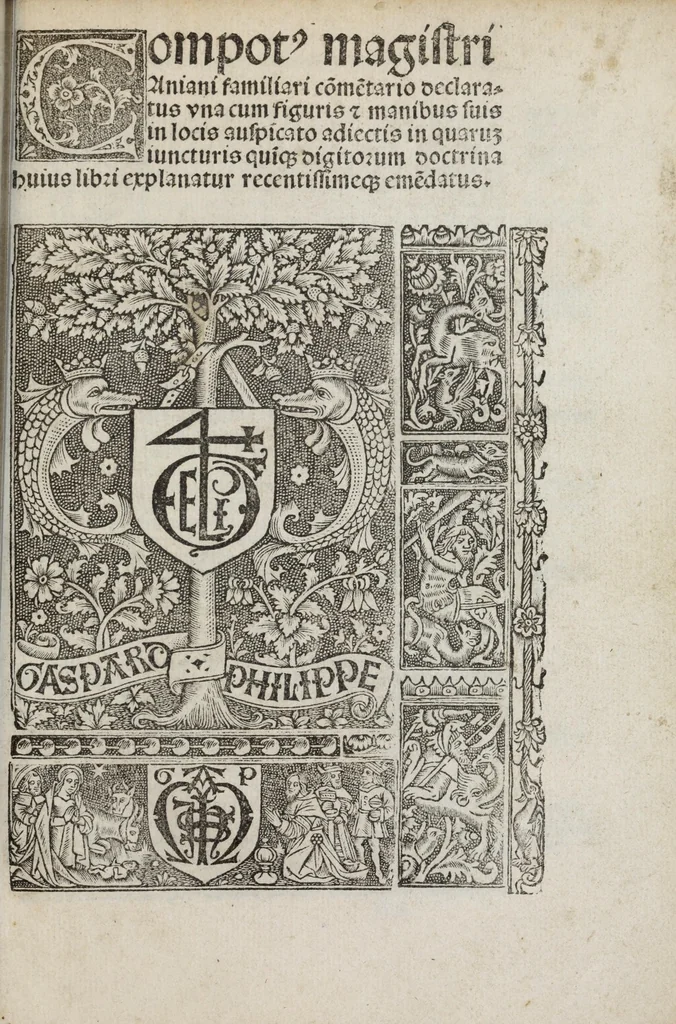 An illustration from Compot. magistri Aniani : familiari co[m]me[n]tario declaratus vna cum figuris [et] manibus suis in locis auspicato adiectis, in quaru[m] iuncturis quiq[ue] digitorum doctrina huius libri explanatur, recentissimeq[ue] eme[n]datus, 1500, leaf 7