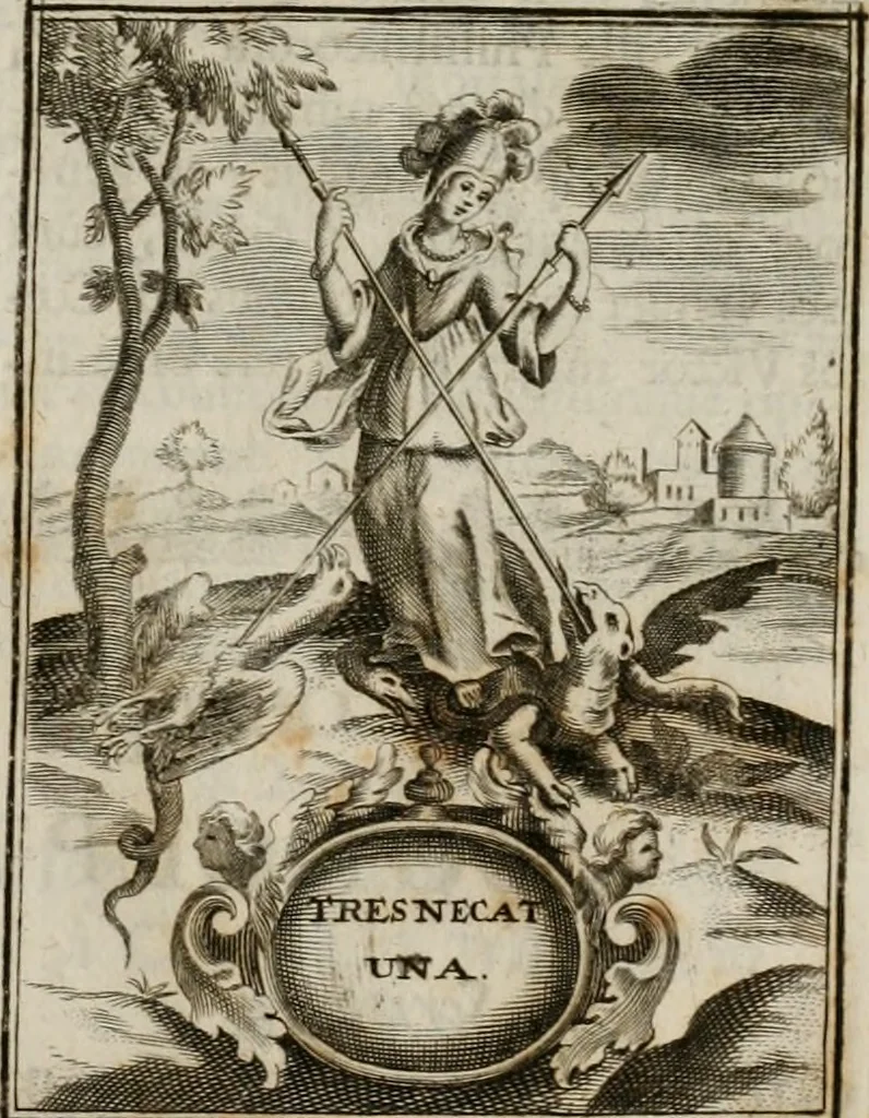 An illustration from Conceptvs chronographicvs de concepta sacra Deipara : Septingentis Sacrae Scripturae, ss. patrum, ac rationum, nec non historiarum, symbolorum, antiquitatum, et anagrammatum suffragiis roboratus : ac totidem praefixis chronographicis, annum currentem prodentibus copiose instructus : occasione saeculi, hoc eodem anno septima vice absoluti, et celebrati, a patribus Benedictinis liberi, ac imperialis monasterii ad SS. Udalricum, & Afram, Augustae Vindelicorum, 1712, leaf 128