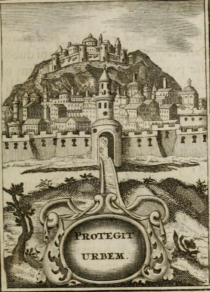An illustration from Conceptvs chronographicvs de concepta sacra Deipara : Septingentis Sacrae Scripturae, ss. patrum, ac rationum, nec non historiarum, symbolorum, antiquitatum, et anagrammatum suffragiis roboratus : ac totidem praefixis chronographicis, annum currentem prodentibus copiose instructus : occasione saeculi, hoc eodem anno septima vice absoluti, et celebrati, a patribus Benedictinis liberi, ac imperialis monasterii ad SS. Udalricum, & Afram, Augustae Vindelicorum, 1712, leaf 184