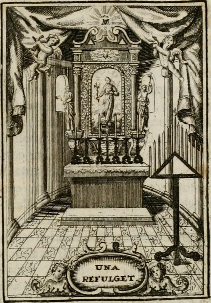 An illustration from Conceptvs chronographicvs de concepta sacra Deipara : Septingentis Sacrae Scripturae, ss. patrum, ac rationum, nec non historiarum, symbolorum, antiquitatum, et anagrammatum suffragiis roboratus : ac totidem praefixis chronographicis, annum currentem prodentibus copiose instructus : occasione saeculi, hoc eodem anno septima vice absoluti, et celebrati, a patribus Benedictinis liberi, ac imperialis monasterii ad SS. Udalricum, & Afram, Augustae Vindelicorum, 1712, leaf 356
