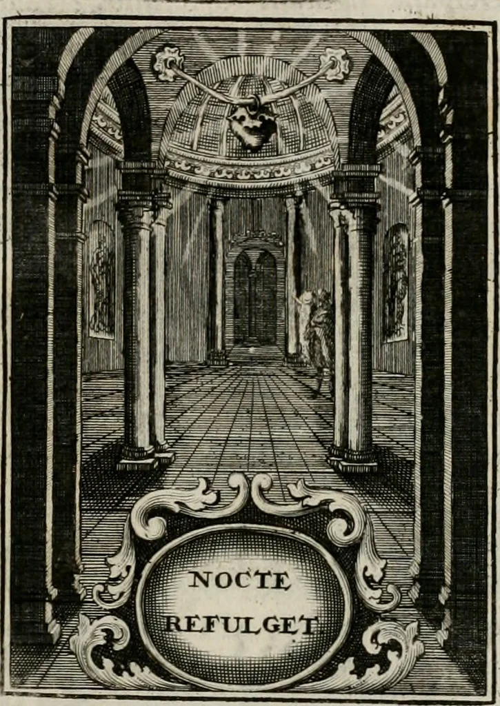 An illustration from Conceptvs chronographicvs de concepta sacra Deipara : Septingentis Sacrae Scripturae, ss. patrum, ac rationum, nec non historiarum, symbolorum, antiquitatum, et anagrammatum suffragiis roboratus : ac totidem praefixis chronographicis, annum currentem prodentibus copiose instructus : occasione saeculi, hoc eodem anno septima vice absoluti, et celebrati, a patribus Benedictinis liberi, ac imperialis monasterii ad SS. Udalricum, & Afram, Augustae Vindelicorum, 1712, leaf 56