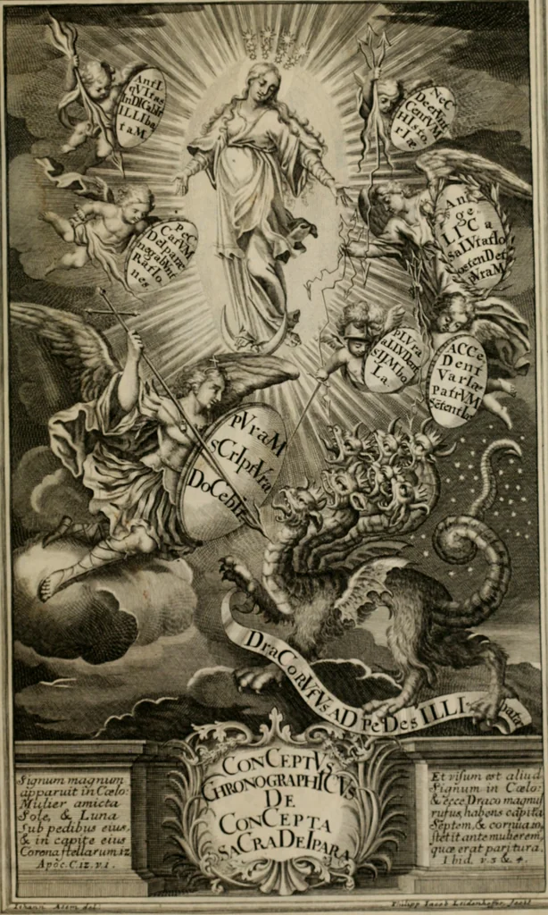 An illustration from Conceptvs chronographicvs de concepta sacra Deipara : Septingentis Sacrae Scripturae, ss. patrum, ac rationum, nec non historiarum, symbolorum, antiquitatum, et anagrammatum suffragiis roboratus : ac totidem praefixis chronographicis, annum currentem prodentibus copiose instructus : occasione saeculi, hoc eodem anno septima vice absoluti, et celebrati, a patribus Benedictinis liberi, ac imperialis monasterii ad SS. Udalricum, & Afram, Augustae Vindelicorum, 1712, leaf 6
