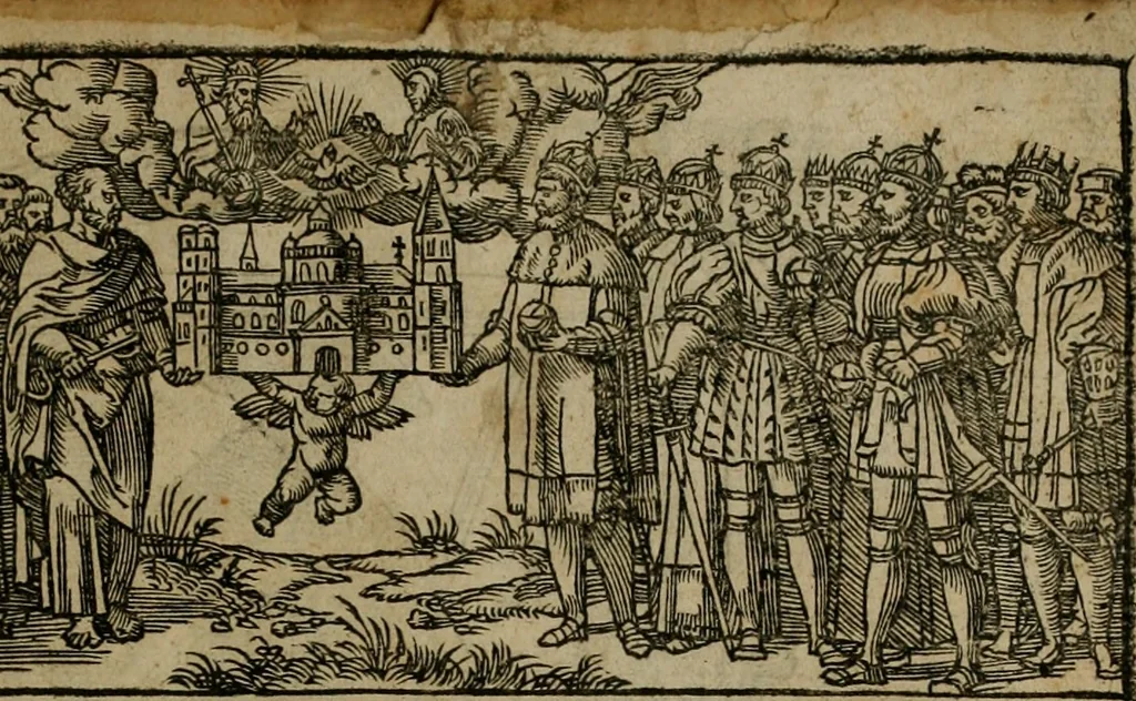 An illustration from Concilia omnia, tam generalia quam particularia : ab apostolorum temporibus in hunc vsque diem a sanctissimis patribus celebrata, & quorum acta literis mandata, ex vetustissimis diuersa[rum] regionu bibliothecis haberi potuere, his duobus tomis continentur : tomvs primvs ea recenset concilia, quae a beato Petro apostolo vsq[ue] ad Iohanne huius nominis papam secundu seruata inuenimus : quo[rum] ordinem & nomina si quis accuratius desideret, versa pagina indicabit, 1538, leaf 4