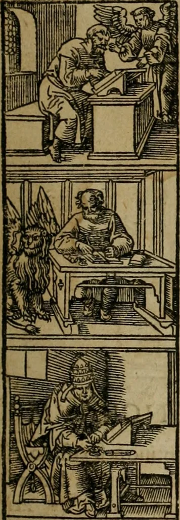 An illustration from Concilia omnia, tam generalia quam particularia : ab apostolorum temporibus in hunc vsque diem a sanctissimis patribus celebrata, & quorum acta literis mandata, ex vetustissimis diuersa[rum] regionu bibliothecis haberi potuere, his duobus tomis continentur : tomvs primvs ea recenset concilia, quae a beato Petro apostolo vsq[ue] ad Iohanne huius nominis papam secundu seruata inuenimus : quo[rum] ordinem & nomina si quis accuratius desideret, versa pagina indicabit, 1538, leaf 4