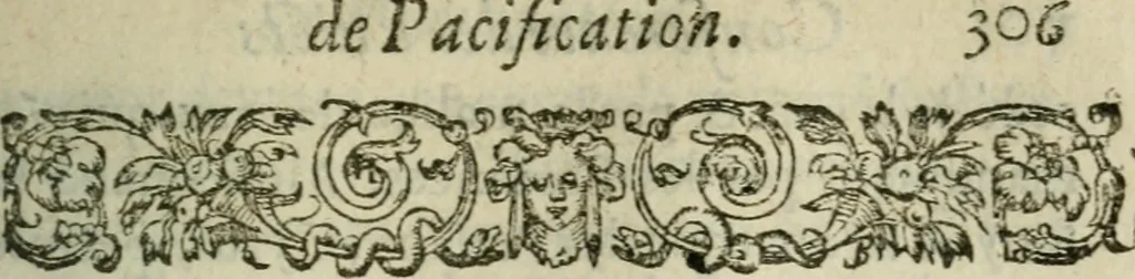 An illustration from Conference des edicts de pacification des trovbles esmevs av royaume de France, pour le faict de la religion; & traittez ou reglemens faicts par les rois Charles IX. & Henri III. & de la Declaration d'iceux, du roy Henri IIII. de France & de Nauarre. Publiee en parlement le 25. feurier, 1599. Auec l'explication du contenu en chascun article par l'histoiré ecclesiastique & profane, droicts ciuil & canonique, ordonnances & coustumes de ce royaume, 1600, leaf 632