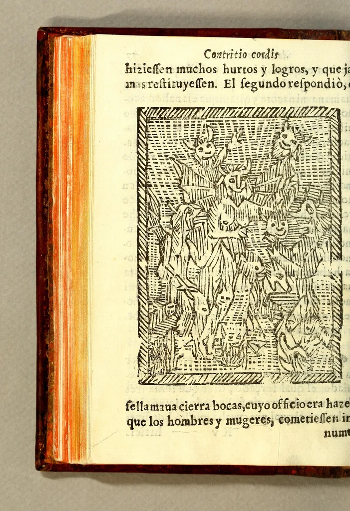 An illustration from Confessionario en lengua castellana, y timuquana con algunos consejos para animar al penitente. Y assi mismo van declarados algunos effectos y prerrogariuas [sic] deste sancto sacramento de la confession. Todo muy vtil y prouechoso, assi para que los padres confessores sepan instruyr al penitente como para que ellos aprendan à saber se confessar., 1613, leaf 176