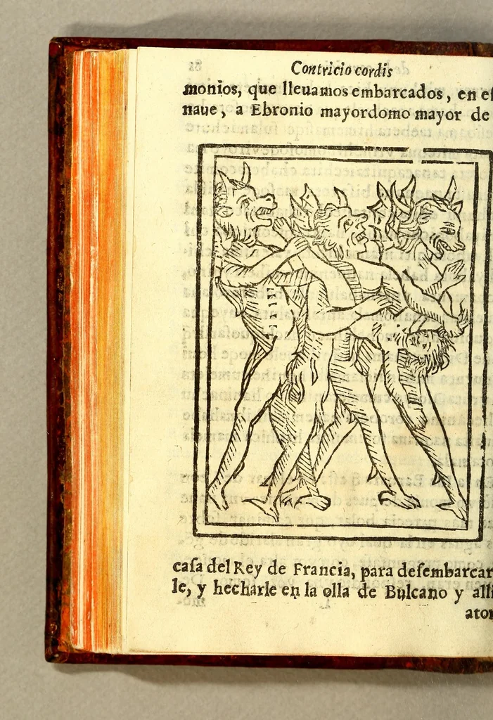An illustration from Confessionario en lengua castellana, y timuquana con algunos consejos para animar al penitente. Y assi mismo van declarados algunos effectos y prerrogariuas [sic] deste sancto sacramento de la confession. Todo muy vtil y prouechoso, assi para que los padres confessores sepan instruyr al penitente como para que ellos aprendan à saber se confessar., 1613, leaf 184