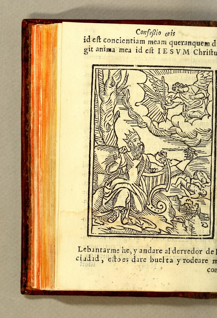 An illustration from Confessionario en lengua castellana, y timuquana con algunos consejos para animar al penitente. Y assi mismo van declarados algunos effectos y prerrogariuas [sic] deste sancto sacramento de la confession. Todo muy vtil y prouechoso, assi para que los padres confessores sepan instruyr al penitente como para que ellos aprendan à saber se confessar., 1613, leaf 222