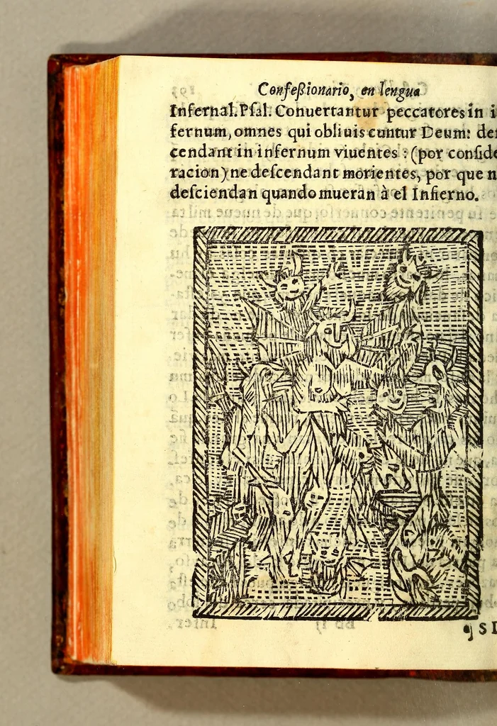 An illustration from Confessionario en lengua castellana, y timuquana con algunos consejos para animar al penitente. Y assi mismo van declarados algunos effectos y prerrogariuas [sic] deste sancto sacramento de la confession. Todo muy vtil y prouechoso, assi para que los padres confessores sepan instruyr al penitente como para que ellos aprendan à saber se confessar., 1613, leaf 410