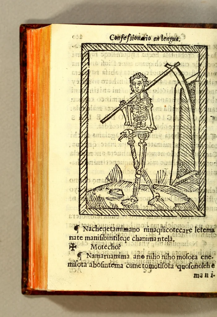An illustration from Confessionario en lengua castellana, y timuquana con algunos consejos para animar al penitente. Y assi mismo van declarados algunos effectos y prerrogariuas [sic] deste sancto sacramento de la confession. Todo muy vtil y prouechoso, assi para que los padres confessores sepan instruyr al penitente como para que ellos aprendan à saber se confessar., 1613, leaf 424