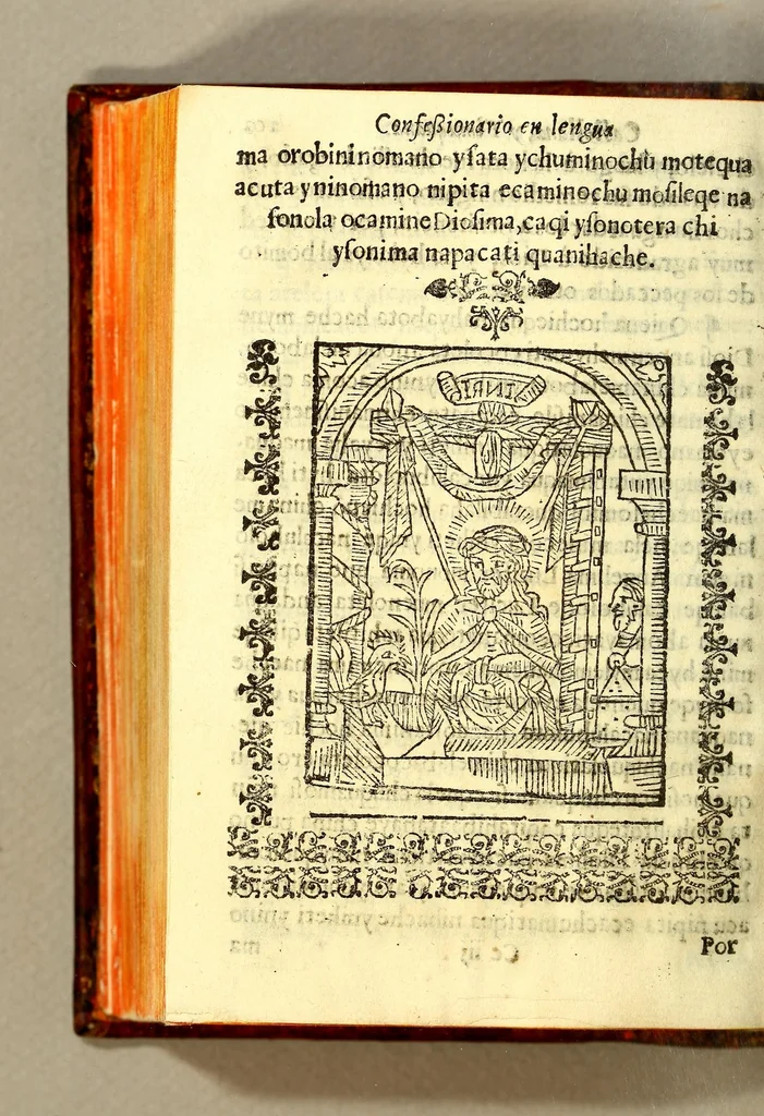 An illustration from Confessionario en lengua castellana, y timuquana con algunos consejos para animar al penitente. Y assi mismo van declarados algunos effectos y prerrogariuas [sic] deste sancto sacramento de la confession. Todo muy vtil y prouechoso, assi para que los padres confessores sepan instruyr al penitente como para que ellos aprendan à saber se confessar., 1613, leaf 428