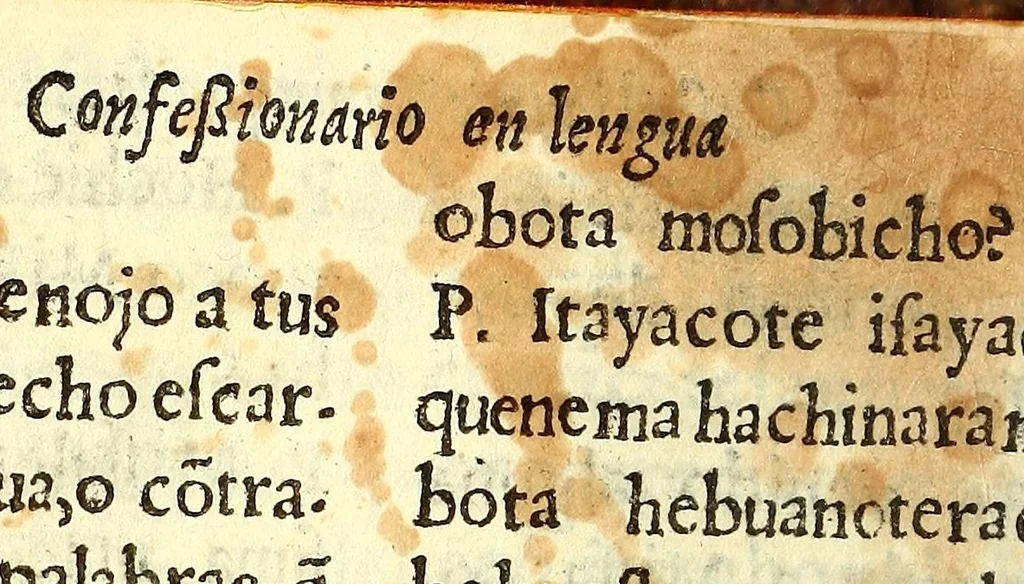 An illustration from Confessionario en lengua castellana, y timuquana con algunos consejos para animar al penitente. Y assi mismo van declarados algunos effectos y prerrogariuas [sic] deste sancto sacramento de la confession. Todo muy vtil y prouechoso, assi para que los padres confessores sepan instruyr al penitente como para que ellos aprendan à saber se confessar., 1613, leaf 440