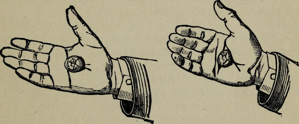 An illustration from Conjuring tricks with coins, watches, rings and handkerchiefs; from "Modern magic", 1900, leaf 14