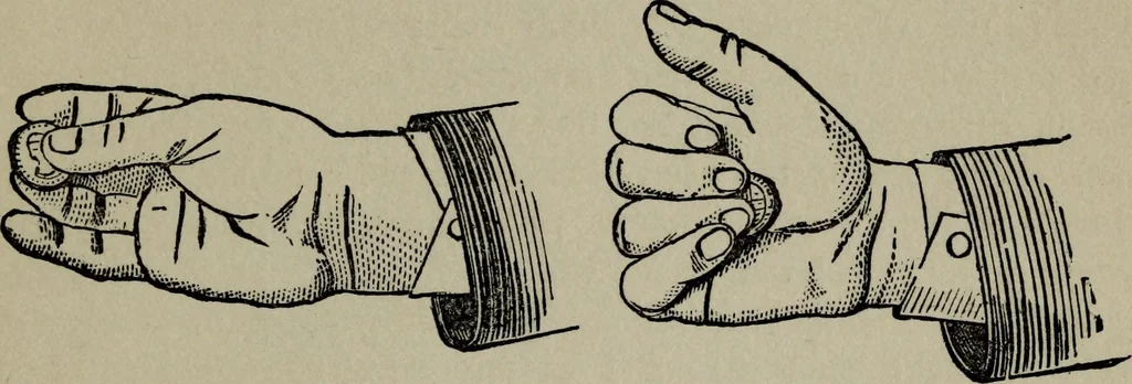 An illustration from Conjuring tricks with coins, watches, rings and handkerchiefs; from "Modern magic", 1900, leaf 16