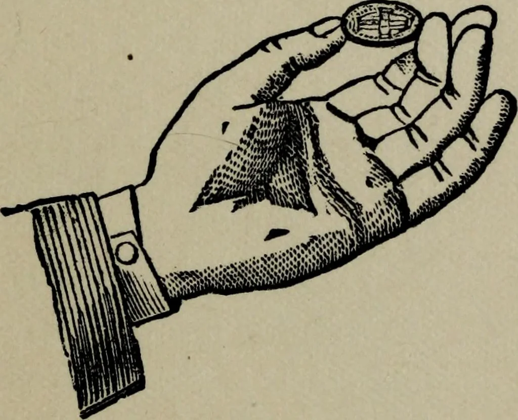 An illustration from Conjuring tricks with coins, watches, rings and handkerchiefs; from "Modern magic", 1900, leaf 18