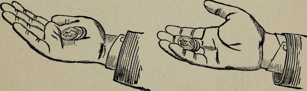 An illustration from Conjuring tricks with coins, watches, rings and handkerchiefs; from "Modern magic", 1900, leaf 20