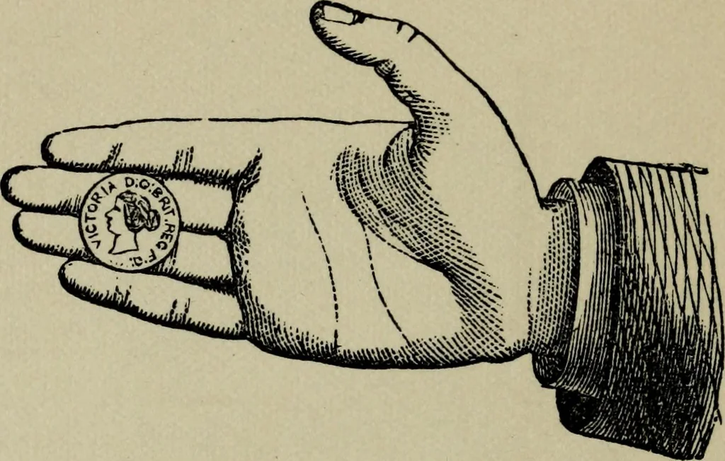 An illustration from Conjuring tricks with coins, watches, rings and handkerchiefs; from "Modern magic", 1900, leaf 21