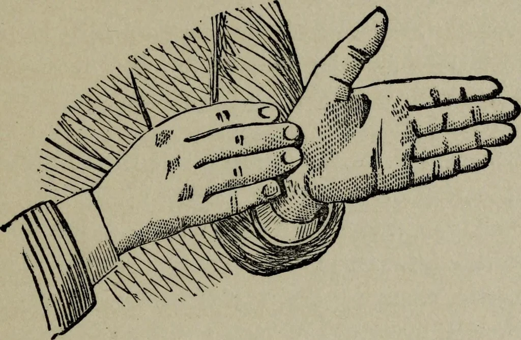 An illustration from Conjuring tricks with coins, watches, rings and handkerchiefs; from "Modern magic", 1900, leaf 24