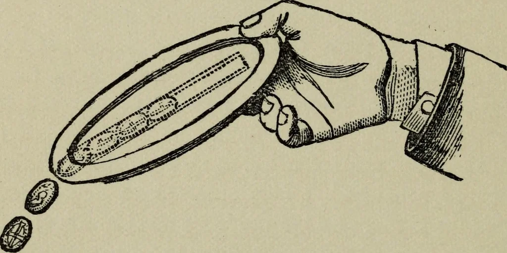 An illustration from Conjuring tricks with coins, watches, rings and handkerchiefs; from "Modern magic", 1900, leaf 45