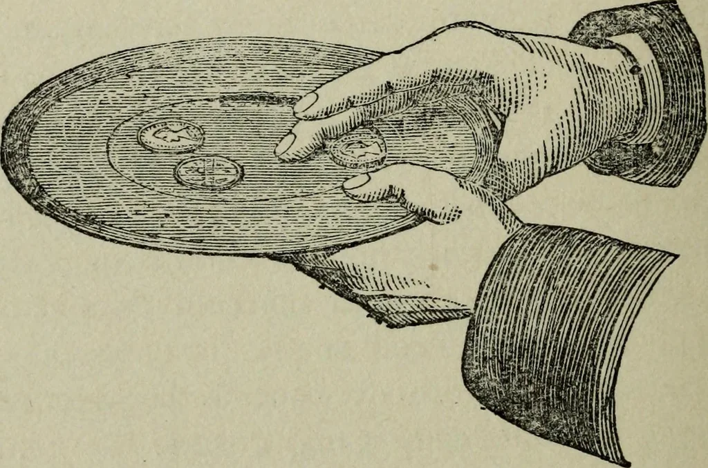 An illustration from Conjuring tricks with coins, watches, rings and handkerchiefs; from "Modern magic", 1900, leaf 77