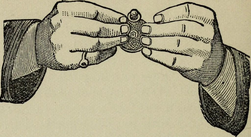 An illustration from Conjuring tricks with coins, watches, rings and handkerchiefs; from "Modern magic", 1900, leaf 83