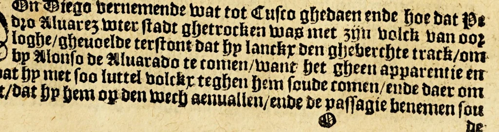 An illustration from Conqueste van Indien. : De wonderlijcke ende warachtighe historie vant coninckrijck van Peru, gheleghen in Indien, inde welcke verhaelt wordt de gelegentheydt, costuymen, manieren van leuen, ouervloedicheyt des gouts ende siluers, ende voorts alle de sonderlingste dinghen vanden seluen lande. Insgelijcks vanden steden, plaetsen ende inwoonders desselfs coninckrijcx, daer beneue[n] hoet gevonden ende eerst by de keyserlijcke mayesteyt hoochloflijcker memorien gheconquesteert ende vercreghen is, met alle de oorlogen ende strijden die ghebuert [sic] zijn, soo teghens d'Indianen als oock om tgoevernement d'een teghens den anderen, 1596, leaf 111